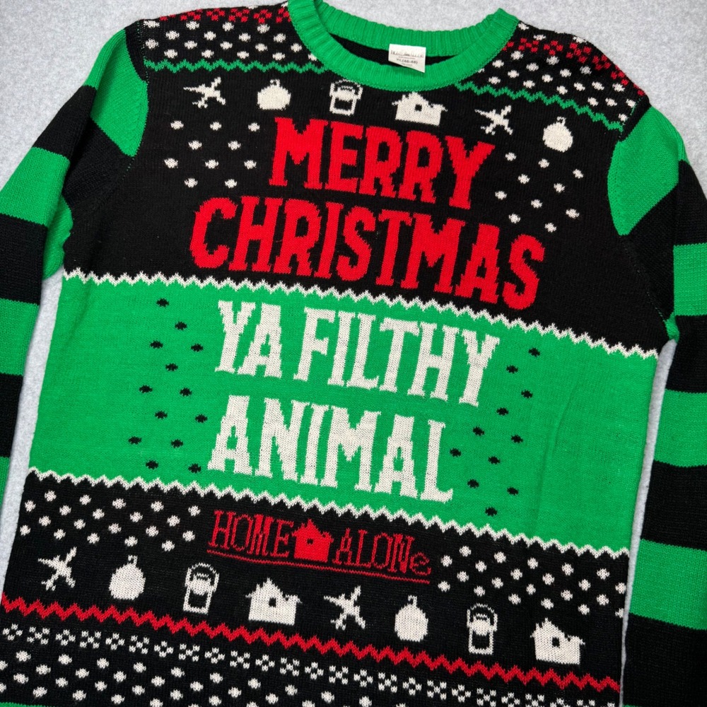 Home Alone Ugly Christmas Sweater Mens XL Green Black Ya Filthy Animal Movie